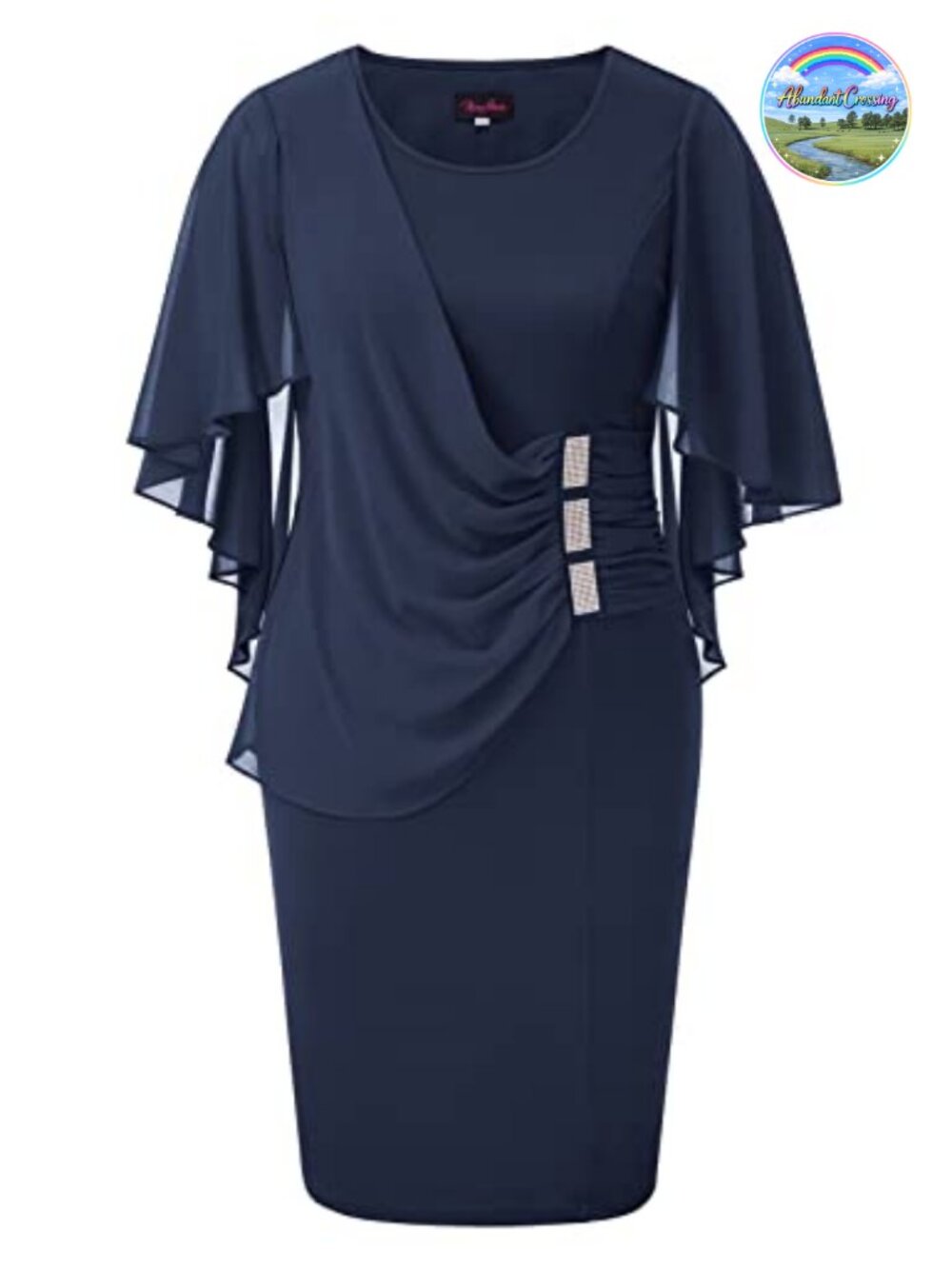 Plus Size Chiffon Cape Sleeve Bodycon Pencil Midi Dress Ruffle Waist